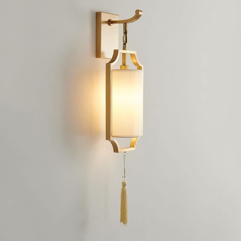 KBUUKYYXouy Wall Sconce Brass Oriental 1-Light Fixture with White Fabric Shade E14 Socket Hardwired Classic Copper Wall Mounted Lights for Living Room Bedside Nightstand Li