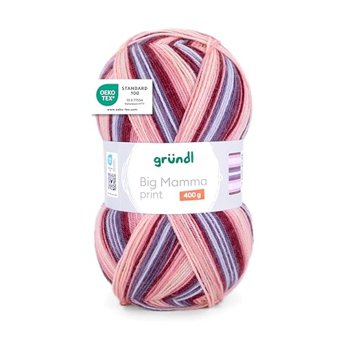 Gründl Wolle Big Mamma Print - XXL Wolle zum Stricken mit Farbverlauf - Weich und hautfreundlich - 100% Polyacryl - 1 Knäuel 400 g / 1040 m - Nadelstärke 3,5-4,5 - lachs-kirsche-mauve-hellblau