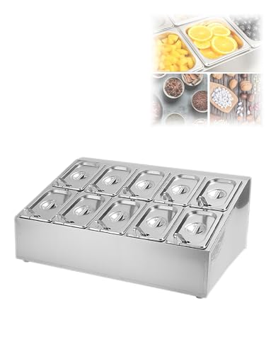 Recipientes de condimentos para ensaladas y frutas, dispensador de especias inclinado con sartenes y tapas, compatible con cubitos de hielo