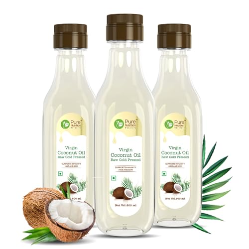 Image of Pure Nutrition Naturals Virgin Coconut Oil 1.5 Ltr (500Ml X 3 Pet Bottles), Cold Pressed & Unrefined, Good For Hair Growth, Skin, Baby Massage & Cooking, Reduce Hair-Fall