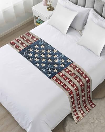 Full Bed Runner Independence Day Stripes and Stars Bedding Runner Scarves Decorative Bed Scarf, Vintage Wood Board Soft Bed Runners for Bedroom Hotel Wedding 83x20IN