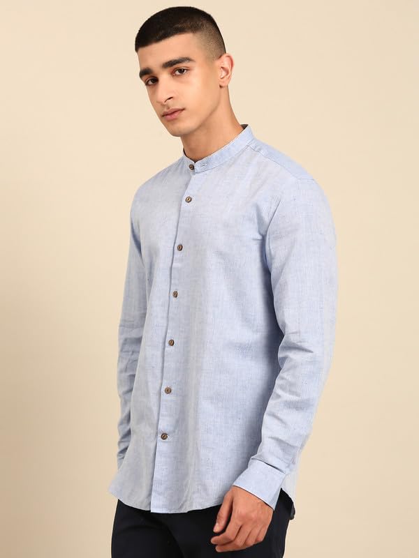 Image of Cavallo by Linen Club Men's Blended Linen Blue Solid Contemporary Fit Full Sleeve Casual Shirt