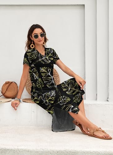 Image of MISFAY Women Summer Maxi Dresses 2026 Casual Short Sleeve Long T Shirt Dress Split Beach Sundress Travel Vacation with Pocket
