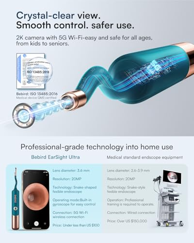 Image of Bebird Earsight Ultra Ear Wax Removal Tool Camera, FSA HSA Eligible Items, 2K HD Ear Cleaner with Flexible Ear Camera Otoscope, Painless Ear Pick Tweezers, Visual Earwax Cleaning Dropper for Family