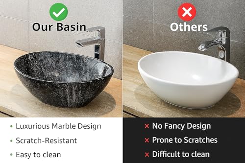Image of Ceramic Tabletop Wash Basin - Glossy Bowl Shape Countertop Vessel Sink with Marble Finish for Bathroom & Vanity | Compact 16 x 13 x 4.5 Inch | Elegant Washbasin