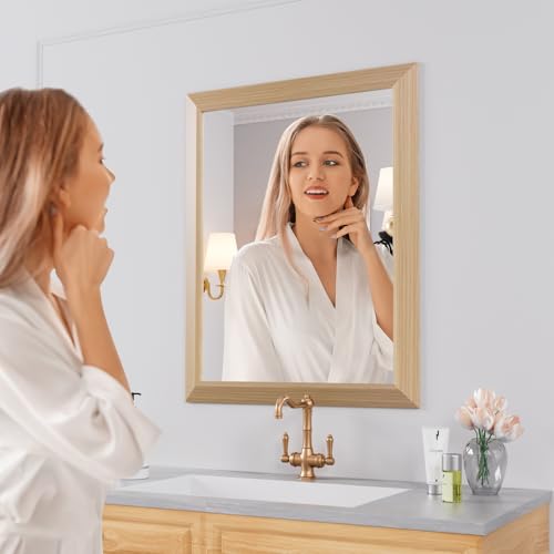 Amorho Bathroom Mirror, 24x30 Inch Wall Mirror, Oak Wood Grain Metal Framed, Anti-Rust, Hang Horizontally/Vertically, Suitable for Bedroom, Farmhouse, Bathroom, Decorative