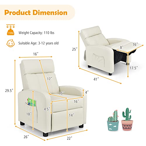 Image of Costzon Kids Recliner, Adjustable PU Leather Lounge Chair w /Side Pockets, Footrest, Headrest for Kids Room & Play Room, Easy to Clean, Padded Recliner Sofa for Children Boys Girls Aged 3-12 (Beige)