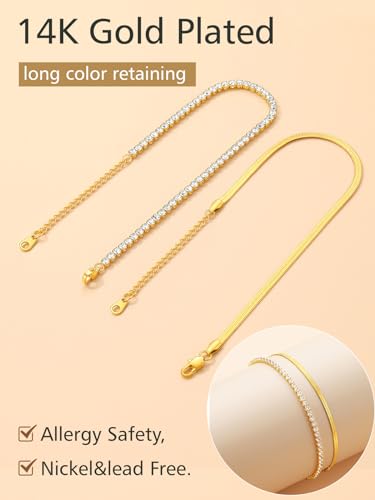 Image of FindChic Black /Silver /Gold Plated Anklets Set of 2PCS /3PCS Herringbone Chain Cuban Link Heart Charm Sparkling Tennis Ankle Bracelets, Waterproof Summer Foot Jewelry for Beach
