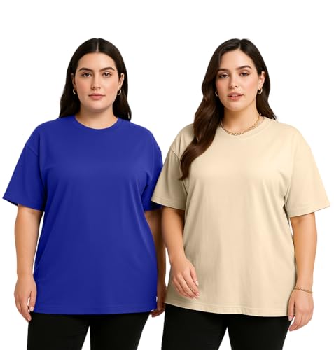 Image of JUNEBERRY 100% Pure Cotton Oversized Baggy Fit Drop Shoulder Solid Core Plus Size T-Shirt Combo for Women (Pack of 2) (Sizes from: 2XL to 5XL)