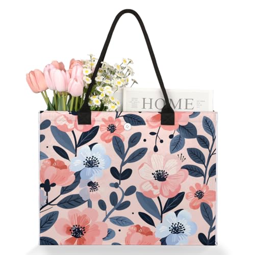 Pink Flowers Blue Leaves Tote Bag for Women Large Beach Bag Reusable Tote Bags for Work Travel Beach Shopping3