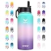 Vmini Water Bottle with New Wide Handle Straw Lid, Wide Mouth Vacuum Insulated 18/8 Stainless Steel, 32 oz, Gradient Mint + Pink + Purple