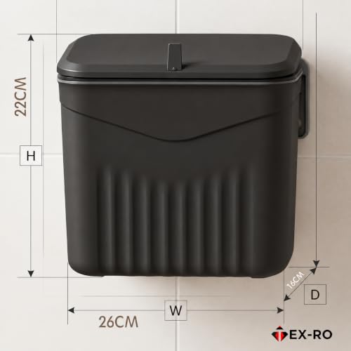 Image of TEX-RO Hanging Dustbin for Kitchen with Lid, 9L Wall Mounted Dustbin for Home with 2-Way Lid Opening, No-Drill Cabinet Door Hanging Trash Can, Plastic Waste Bin for Bathroom Bedroom Office (Black)
