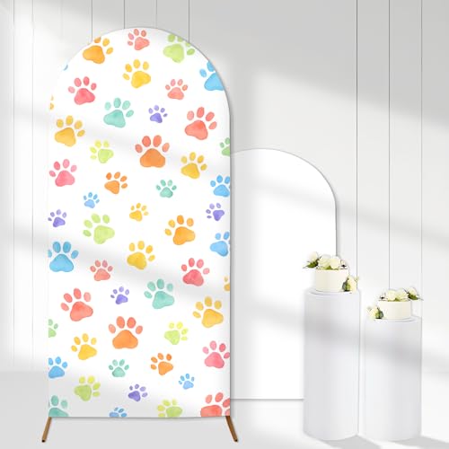 Puppy Dog Paw Arch Backdrop Cover Colorful Pet Paw Print Backdrop 6ft Stretchy Spandex Fitted Dog Paw Arch Stand Cover for Puppy Birthday Wedding Bridal Shower Party Decors Supplies Photo Props