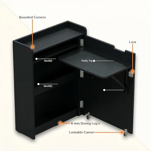 Image of Klaxon Foldable Study Table with Drawer & Storage Shelf | Compact Desk for Home & Students | Folding Design with Lockable Wheels. (Black, DIY Installation) (Black, Heli)