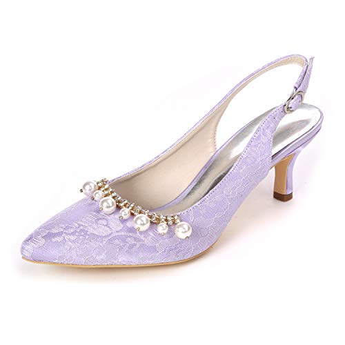 Women's Lace Wedding Shoes for Bride Low Heel Pointed Toe Bridal Shoes with Pearl Slingback Evening Party Pumps Sandals - Main Image