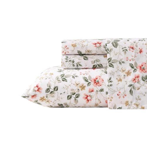 Image of Laura Ashley - Queen Size Sheet Set, Crisp & Lightweight Cotton Percale Bedding with Fitted Sheet and Pillowcases, Floral Room Decor, Deep Pocket, College Dorm Room Essentials (Meadow Floral Beige)