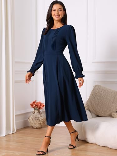 Image of Seta T Women's Fall Dress Frilled Long Sleeve A-Line Casual Midi Dresses | Crewneck, Smocked Cuff, Front Pleated, Pockets, Flowy and Lightweight, Party Elegant Outfit 2026