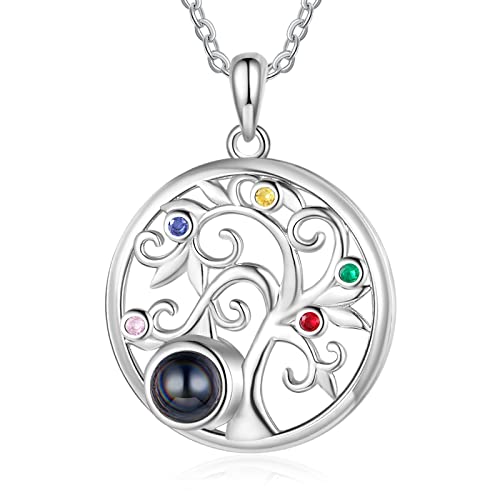 Collier photo personnalisé arbre de vie avec projection et 5 pierres de naissance pour maman