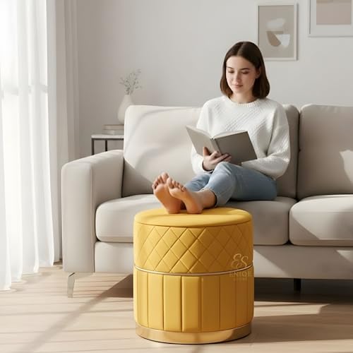 Image of ENIQE STORE Set of 2 Round Velvet Ottoman Footstool Gold Base - Tufted Upholstered Pouffe Stool for Living Room, Bedroom & Dressing Area (Yellow)