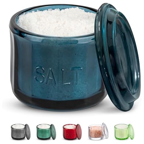 KooK Glass Salt Cellar, with Lid, Embossed Pressed Glass, Clear Storage Container, for Coffee, Sugar, Spices and Candies, 1 0 oz (Navy Blue) Cover