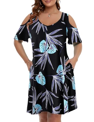 Image of JollieLovin Womens Plus Size Short Sleeve Cold Shoulder V Neck T-Shirt Dress with Pockets