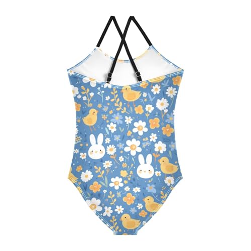 Cute Bunny Rabbit Duckling Spring Bloomy Happy Easter Kids Girls 1-Piece Swim Suit Summer Swimwear with Adjustable2