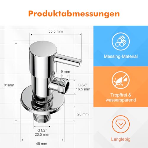Ibergrif Eckventil 1/2 Zoll Wandanschluss 3/8 Zoll Schlauchanschluss – Eckregulierventil für Waschbecken, Kalt- & Warmwasser, Trinkwasser geeignet, Anti-Tropf Absperrventil Chrom