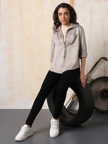 Image of High Star Women Boxy Spread Collar Long Sleeves Solid Shirts 43