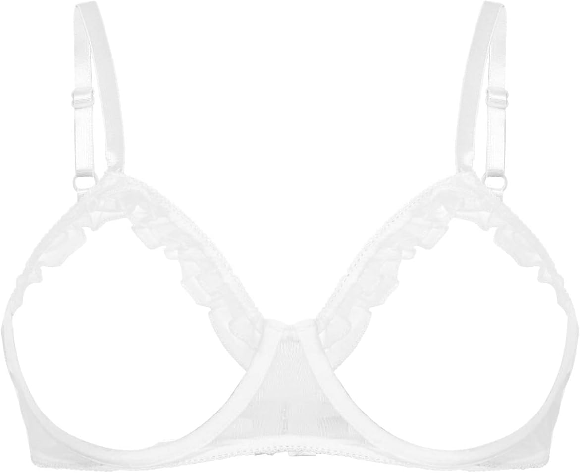 Freebily Womens Lingerie Spaghetti Straps Exotic Underwired Sexy Open Cup Ruffled Shelf Bra Top
