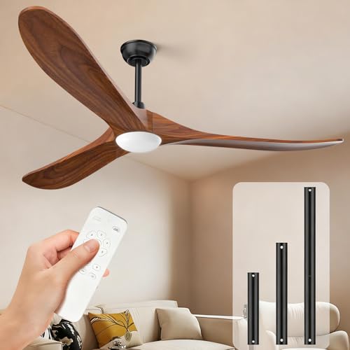 Image of Obabala 70 inch Outdoor Ceiling Fan with Light and Remote, Solid Wood 3-Blade Ceiling Fan with DC Motor for Patio and Farmhouse, Dark Walnut