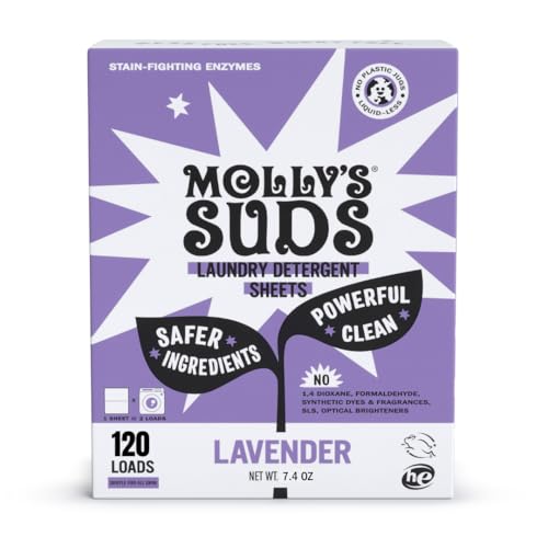 Image of Molly’s Suds Laundry Detergent Sheets | Gentle on Sensitive Skin, Powerful Bio-Based Enzymes, Stain-Fighting | Liquidless & Plastic-Free Packaging | 120 Loads (Lavender)
