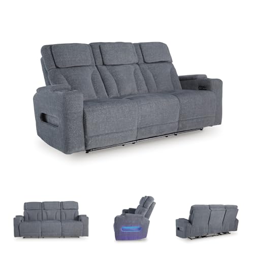 Image of Signature Design by Ashley RiverTest Power Reclining Sofa, Easy View Adjustable Headrest & Drop Down Table, Stain Resistant Next-Gen Nuvella Performance Fabric for Home Theater, Steel Gray, 86 inch W