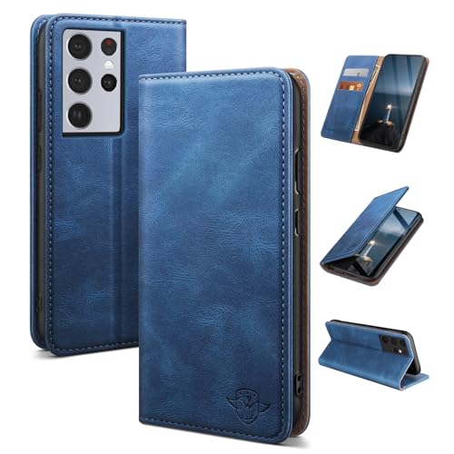 SUANDUCK for Samsung Galaxy S21 Ultra mobile phone case leather flip case with RFID-blocking card compartment adjustable stand and 360 drop protection with Samsung S21 Ultra Light Blue