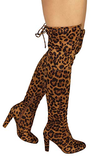 Wild Diva Women's Over The Knee Boot - Sexy Over The Knee High Pullon Boot - Trendy Low Block Heel Shoe - Comfortable Boot (6.5, Camel Leopard)2