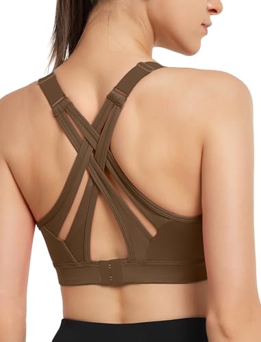 Image of Yvette Sports Bra High Impact Adjustable Criss Cross Back, Full Support for Large Bust No Bounce, Camel,S