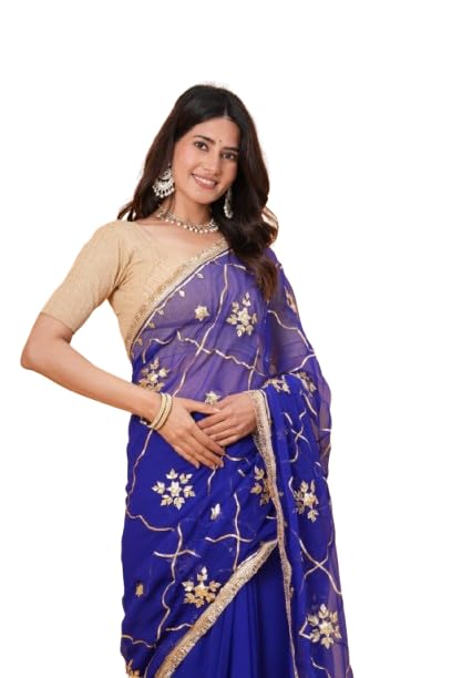 Image of Embroidered Net Saree with Blouse for Women | Royal Blue Saree with Floral Gota Patti Work | Festive Ethnic Saree | Traditional Ethnic Wear