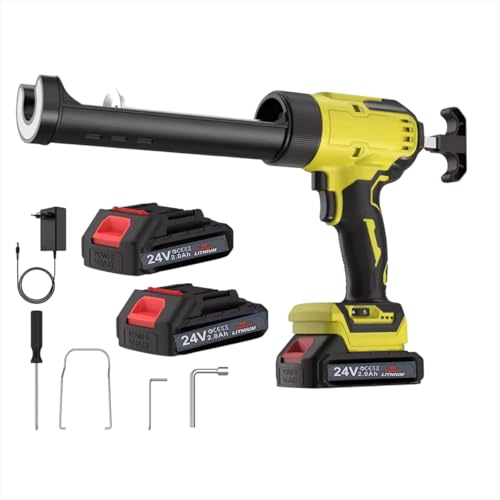 Pistola per Calafataggio,cartucce 300ml, 4 Velocità Regolabili 0-196mm/min,Anti-Gocciolamento, Luce LED 450LM,Sigillante Professionale per Silicone, Colla, Vetro, 2 batterie