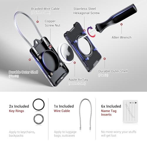 PROfezzion Luggage Tag AirTag Holder with Name ID Cards, Luggage Name Tag with Wire Cable Key Rings for Luggage Bag Travel Suitcase Backpack, Scratch Resistant AirTag Case for Travelling2
