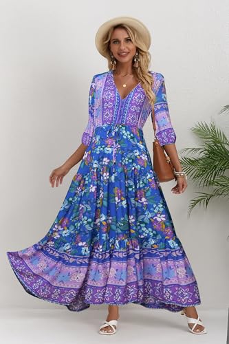 Image of Women Short Sleeve V Neck Floral Print Casual Bohemian Maxi Dresses