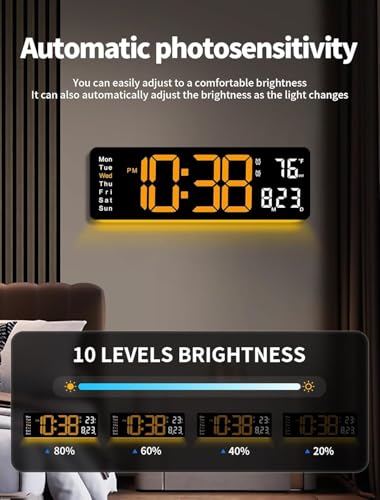 Image of 15-Inch Digital Wall Clock with Large LED Display - Remote Control, Auto-Dimming, Night Light, Date, Day, Temperature, DST Function - Ideal for Living Room, Bedroom (16 Inch Orange)