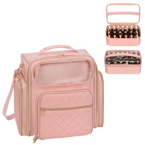 OCHEAL Nail Polish Organizer Case for 50-60 Bottles (15ml) - Portable Manicure Storage Bag with 2 Detachable Pouches, Nail Lamp Compartment & Tools Sections - Travel-Friendly Cosmetic Bag, Pink