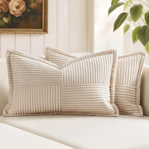 Image of MIULEE Decorative Lumbar Throw Pillow Covers for Couch Bed Livingroom 12x20 Inch Set of 2 Beige Boho Accent Throw Pllows Broadside Striped Patchwork Soft Corduroy Pillowcases