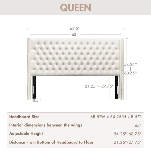 Image of Madison Park Queen Wingback Upholstered Tufted Headboard, Featuring High-Density Sponge Padding, Adjustable Height Headboard, Easy Assembly, Beige Velvet