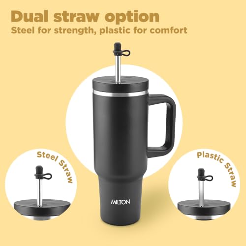 Image of Milton My Tumbler 1200 Thermosteel Double Wall Vacuum Insulated Stainless Steel Tumbler with Handle 1100ml,Leak Proof Travel Mug with Straw,Silicon Cap Cleaning Brush, Hot & Cold Beverage Flask, Black