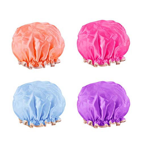 Faxco 4 Pack Silk Shower Cap,Bath Caps Hat Designed for Women and Girls,Waterproof caps Reusable Double Layer Bath Caps