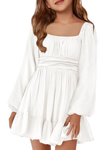 Batermoon Girls Long Sleeve Tie Back Dress Kids Fall Square Neck A-Line Mini Dresses 5-14 Years