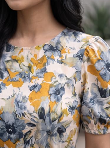 Image of HELLCAT Women Floral Fit & Flare Midi Dress | Round Neck, Puff Short Sleeve, Waist Tie-Up Belt | Casual Brunch Wear, Western One Piece, A-Line Long Frock, Summer Party Outfit
