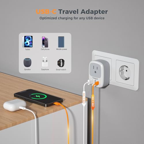 Image of Type E F Plug Adapter USB C, TESSAN Germany France Power Adaptor, Schuko Outlet with 3 USB Ports, Travel Plug for US to Europe EU Spain Iceland Korea Greece Russia German French