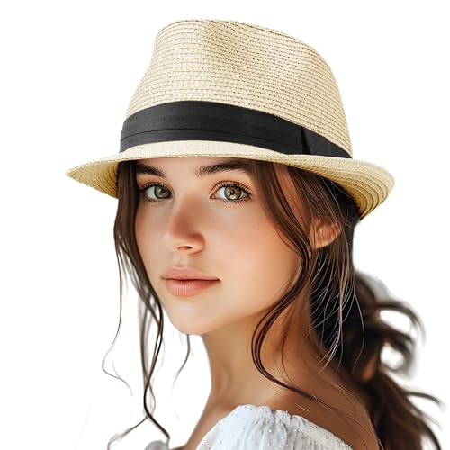 Straw Fedora Hat for Women Men Packable Short Brim Roll Up Trilby Hat Panama Summer Beach Sun Hat UPF 50+
