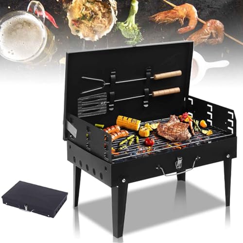 Parrilla portátil de carbón para barbacoa, pequeña parrilla de viaje plegable con juego de herramientas, mini barbacoa compacta plegable de acero inoxidable de altura ajustable, para camping, jardín